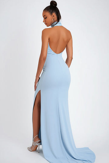 Sky Blue Halter Satin Mermaid Long Formal Dress with Slit